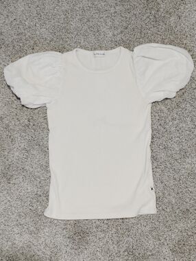Girls' White Puff Sleeve Ribbed Tee